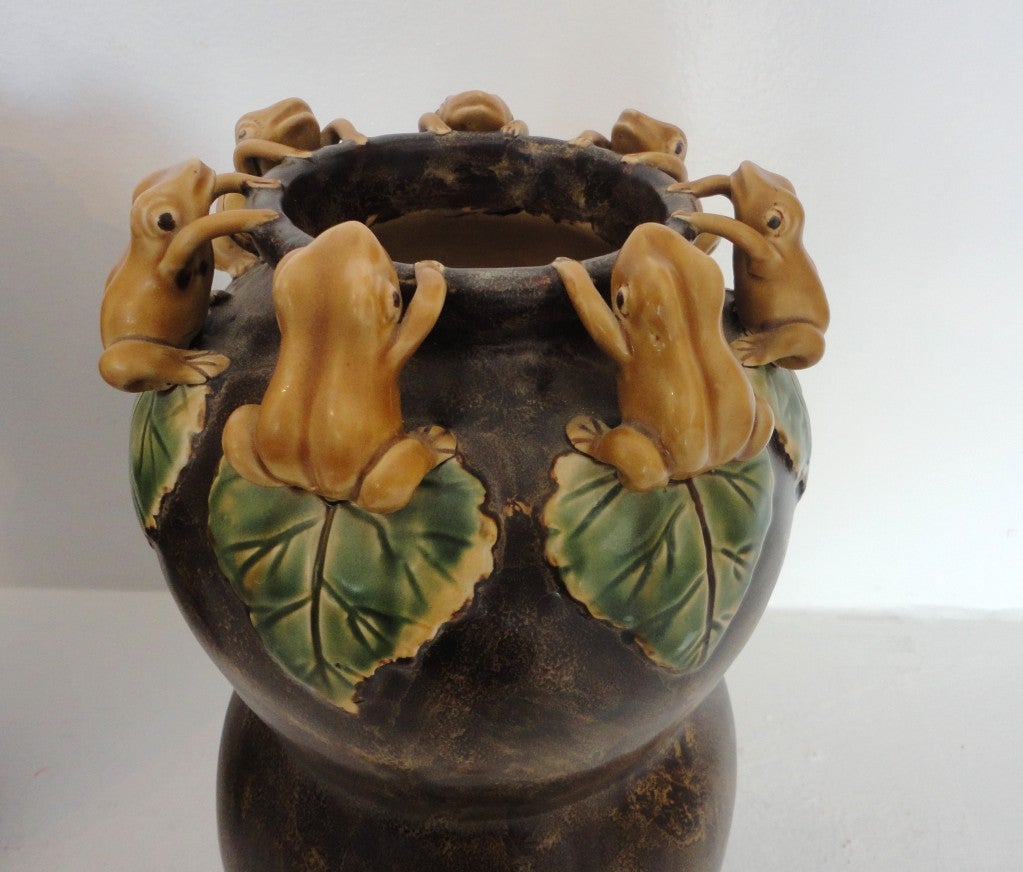 Pair of Rare Arts and Crafts Pottery Vases With Frogs at 1stdibs