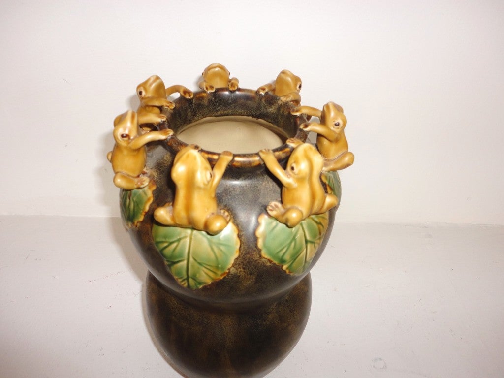 Pair of Rare  Arts & Crafts Pottery Vases With Frogs 1