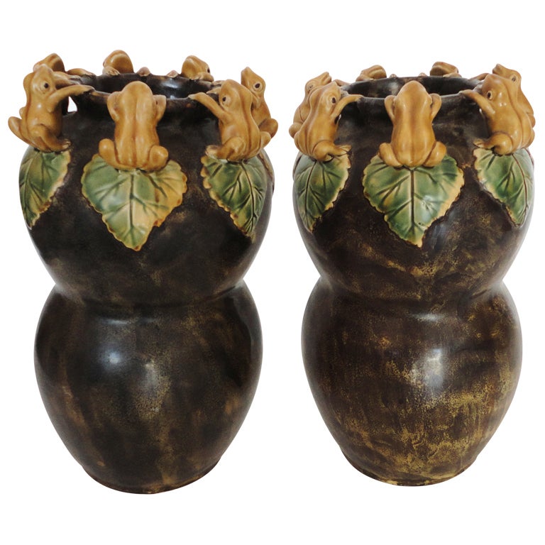 Pair of Rare  Arts & Crafts Pottery Vases With Frogs