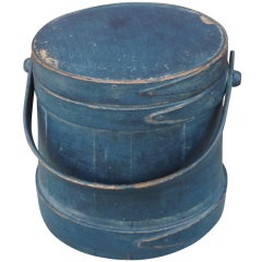 Antique Early 19thc Original Blue Painted Furkin From Maine