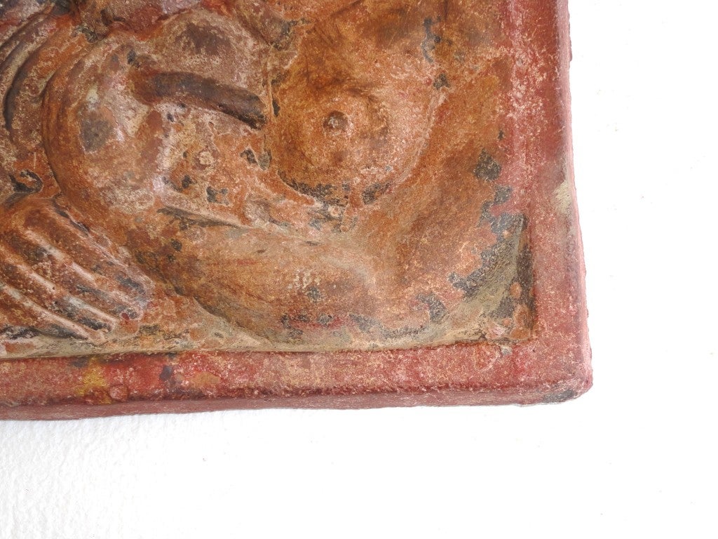 Early and Rare Original Painted Terracotta Plaque of Lady and Cat In Good Condition In Los Angeles, CA
