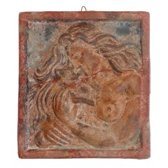 Early and Rare Original Painted Terracotta Plaque of Lady and Cat 3