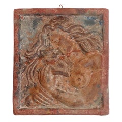 Early and Rare Original Painted Terracotta Plaque of Lady and Cat