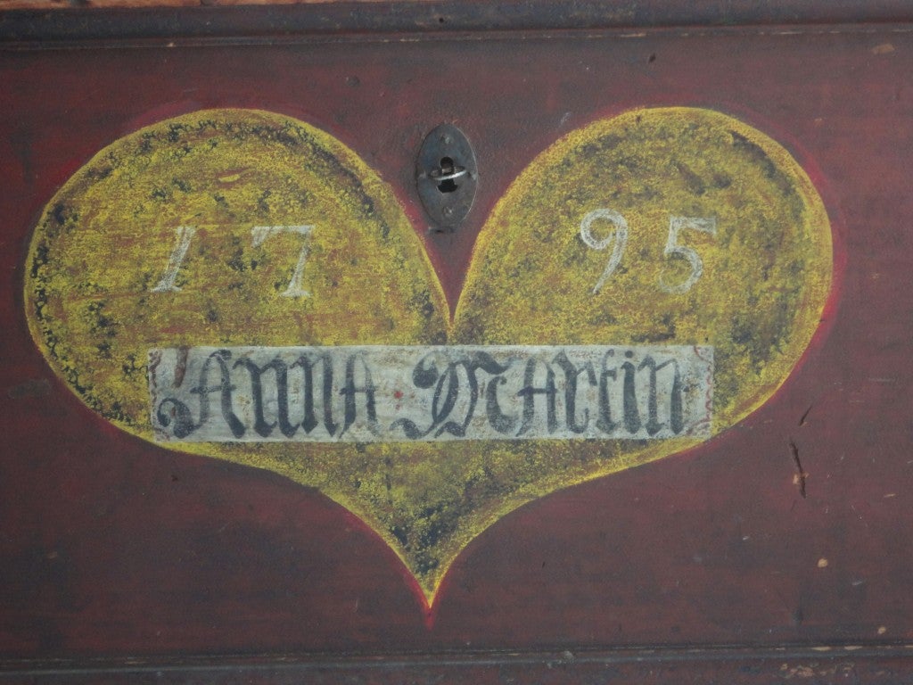American Rare Pennsylvania  Red Paint Decorated Hearts Dower Chest /1795