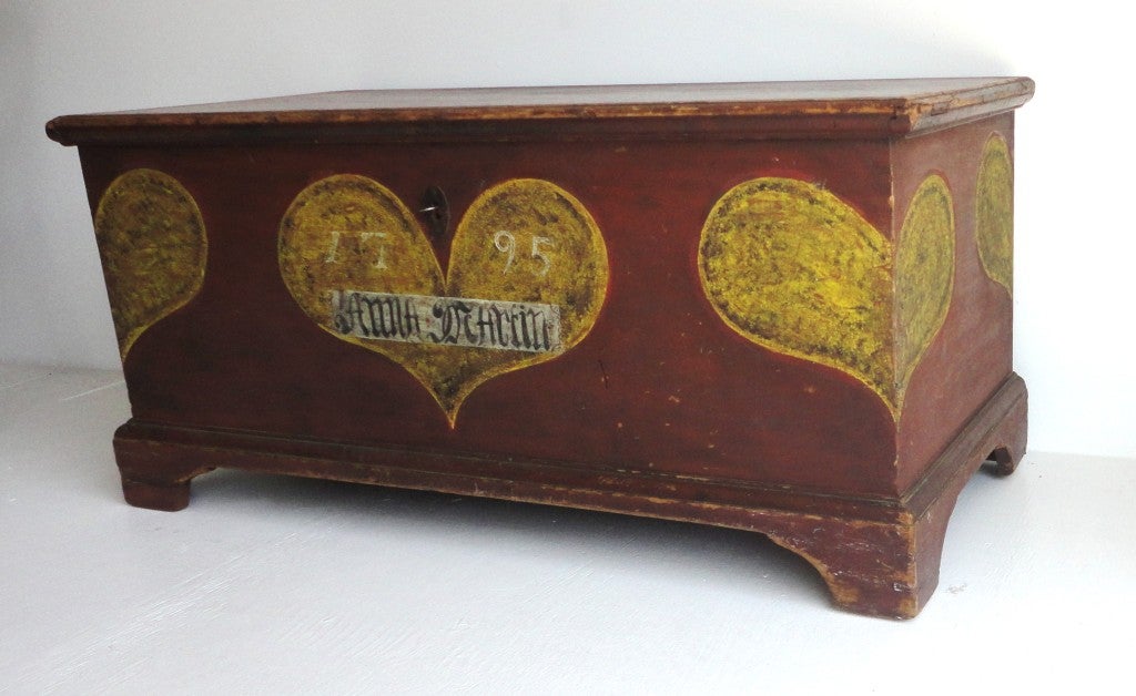 Rare Pennsylvania  Red Paint Decorated Hearts Dower Chest /1795 1