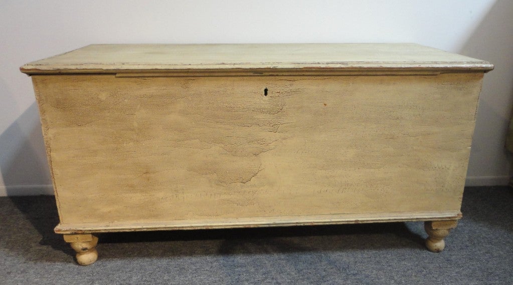 19thc original cream painted alligator  surface.This wonderful untouched surface has such a great aged look.The original turned feet is a form from Lancaster County ,Pennsylvania,where this chest is from.The condition is very good with minor picture
