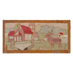 Early Pictorial Hand Hooked Mounted Rug w/ A Moose & Farm