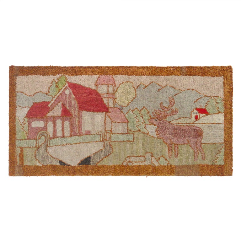 Early Pictorial Hand Hooked Mounted Rug w/ A Moose 
Farm