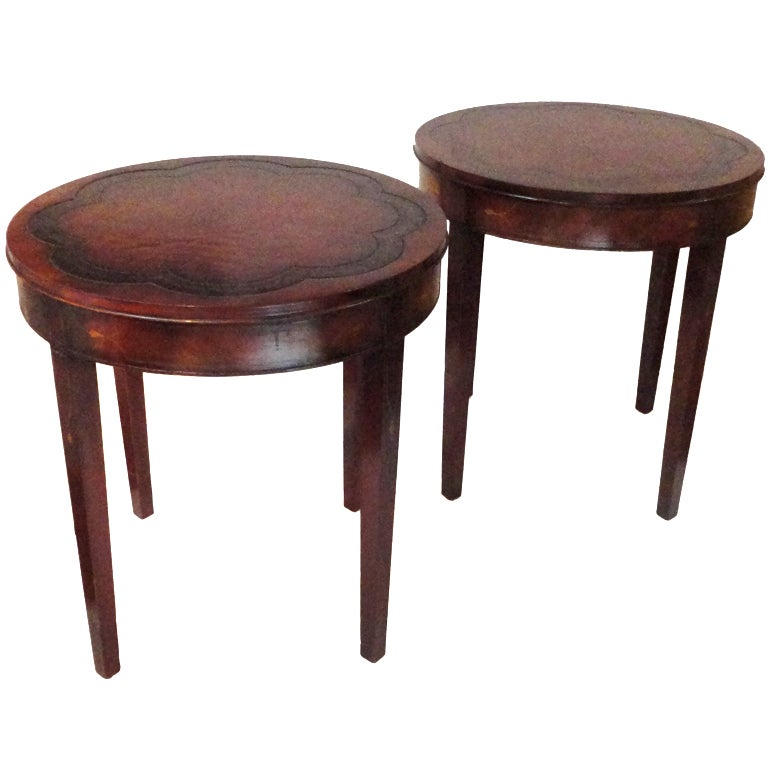 Fine Pair of 20 thc Inlaid Leather Top End Tables/Gay Tauber Inc at 1stDibs