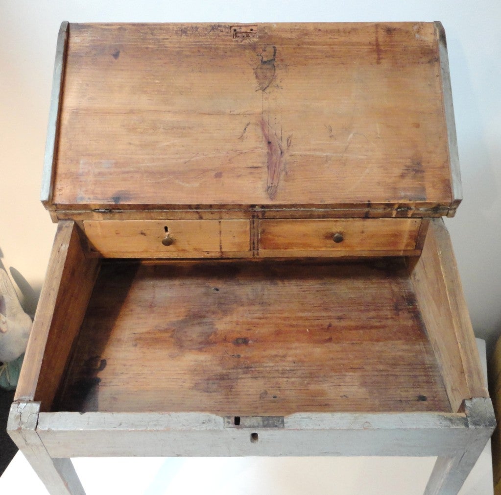 American Early 19thc  Pennsylvania Original Grey Painted Slant Top Desk