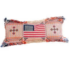 Early 20thc Hand Crocheted Silk Flag Bolster Pillow w/ Fringe