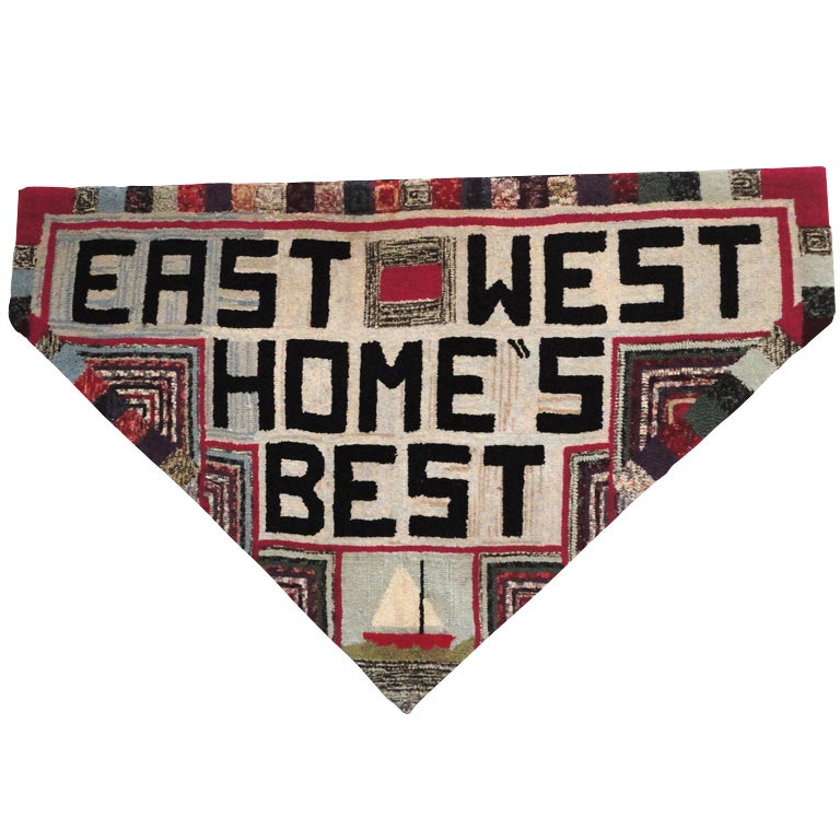 Hand-Hooked Rug on Mounted  Frame "EAST WEST HOME'S BEST" For Sale