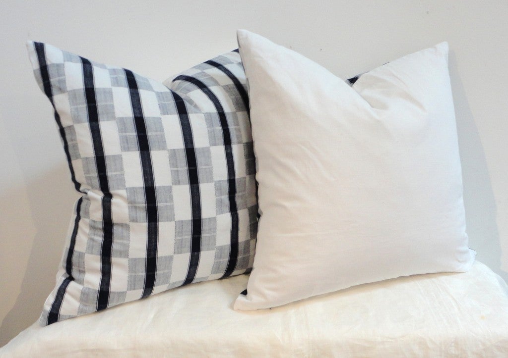 Folk Art Pair of 19th Century Linen Patch Work Pillows with White Homespun Linen Back