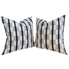 Pair of 19th Century Linen Patch Work Pillows with White Homespun Linen Back 1