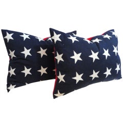 Vintage Pair of Flag Material Stars Pillows W/ Red Sateen Backing