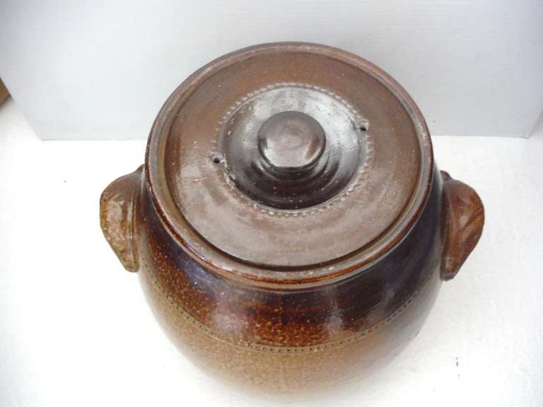 American Monumental Salt Glazed Stone Ware Double Handled Bean Pot