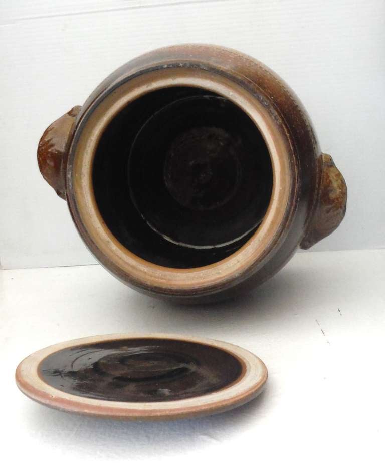 20th Century Monumental Salt Glazed Stone Ware Double Handled Bean Pot