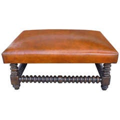 Antique 19th c. Spindle Ottoman - Newly Upholstered in Leather