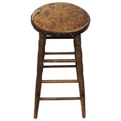 19th Century Original Old Surface Bar Stool with Leather Seat
