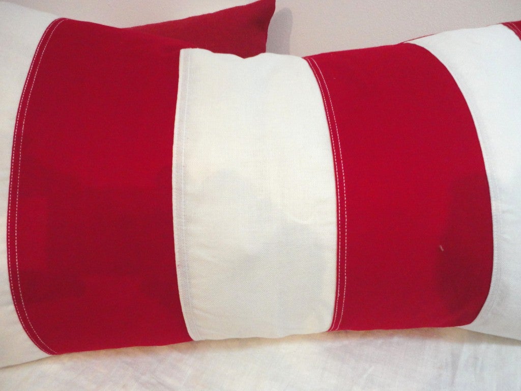 Pair of Red & White Flag Bolster Pillows w/ Red Linen Backing