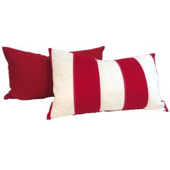 Vintage Pair of Red & White Flag Bolster Pillows w/ Red Linen Backing