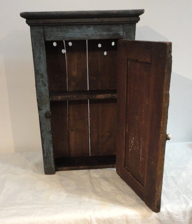 19th Century Fantastic 19thc Original Blue Painted Hanging Wall Cupboard