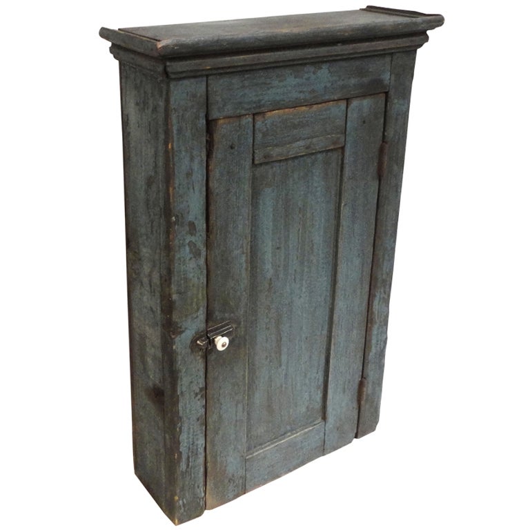 Fantastic 19thc Original Blue Painted Hanging Wall Cupboard at 1stDibs