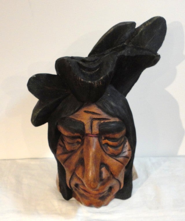 19th Century Hand-Carved and Painted Cigar Store Indian Head 4