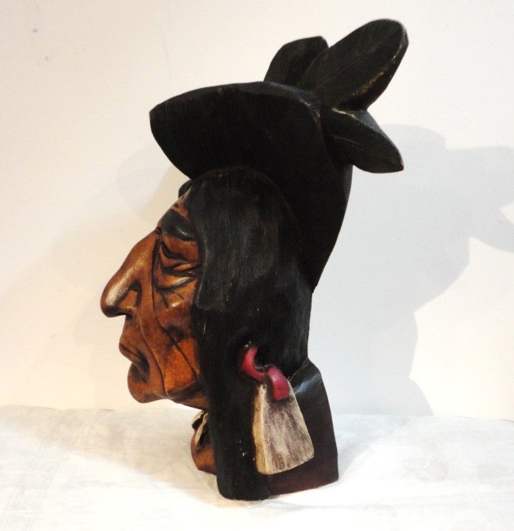 Folk Art 19th Century Hand-Carved and Painted Cigar Store Indian Head