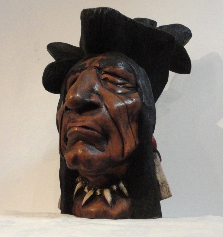 19th Century Hand-Carved and Painted Cigar Store Indian Head 2