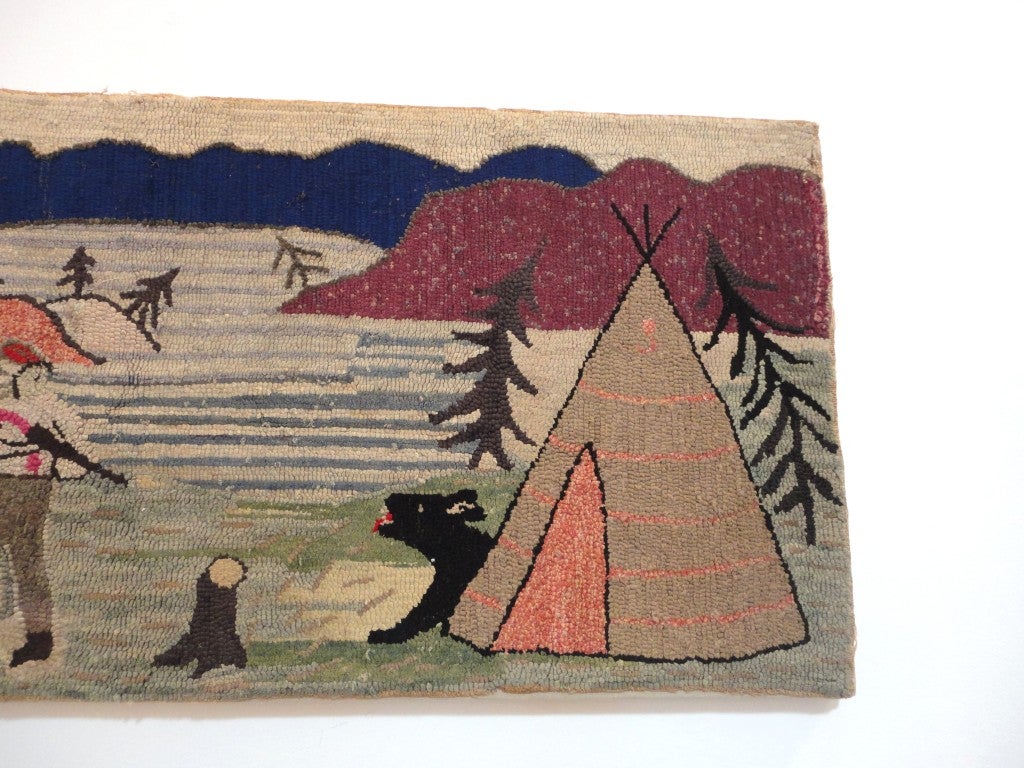 Fantastic Pictorial Mounted Hand Hooked Rug W/ Indians In Excellent Condition In Los Angeles, CA