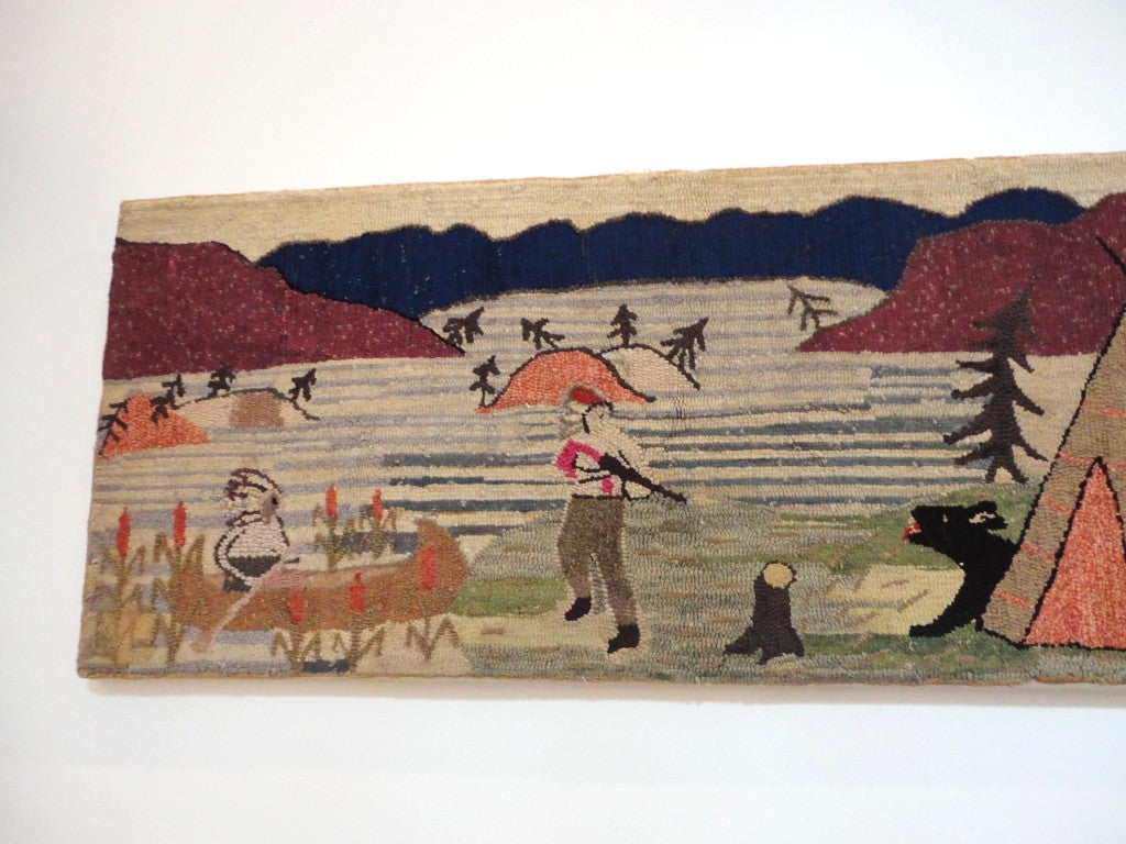 Mid-20th Century Fantastic Pictorial Mounted Hand Hooked Rug W/ Indians