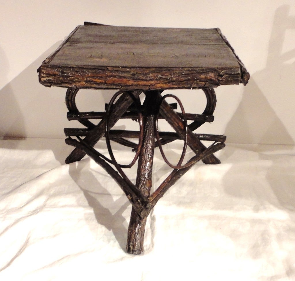 Mid-20th Century Folky Heart Twig Side Table w/Original Bark Covering