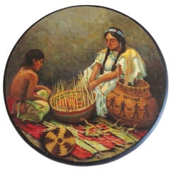 Antique The Basket Weaver Oil Painting On Board By N.E.Parker