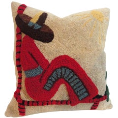 Folky Hand Hooked Rug Pillow of The Mexican Siesta