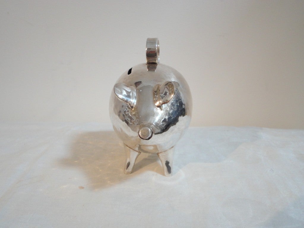 Hand Made Mexican Silver Piggy Bank on Feet In Excellent Condition In Los Angeles, CA