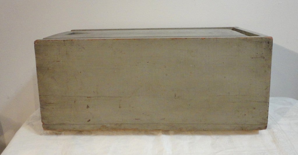 Fantastic 19th century original grey painted handmade large scale candle box from New England .This wonderful slide top box has such great personality and great construction. It is early cut nails and hand-carved slide top. This very deep box could