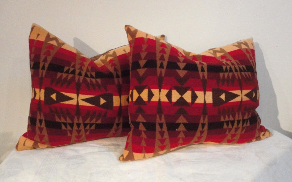 Amazing Early Wool Indian Design Pendleton Pair of Blanket Pillows