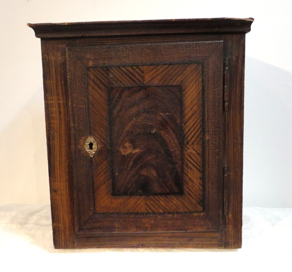 19thc Original Grain Painted Hanging Wall Cupboard From N.E.