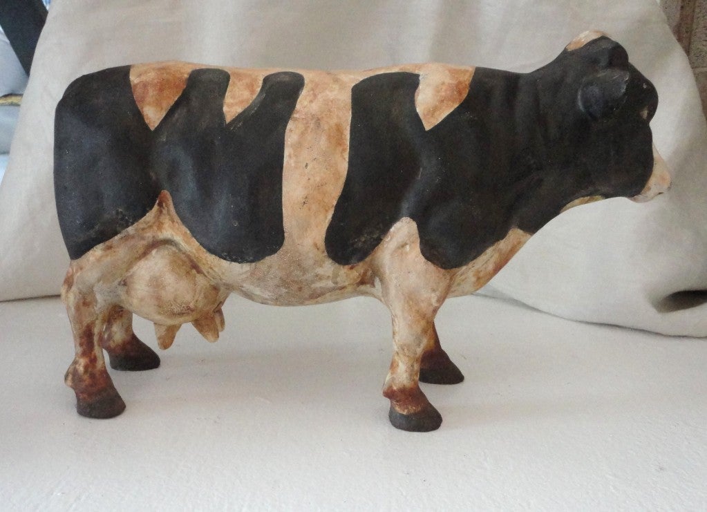 Early 20thc Original Painted Full Body Cow Doorstop 1