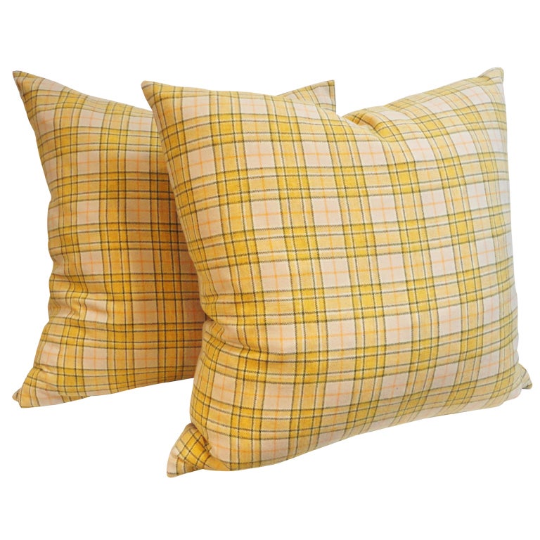  Yellow Plaid Blanket Pillows, Pair For Sale