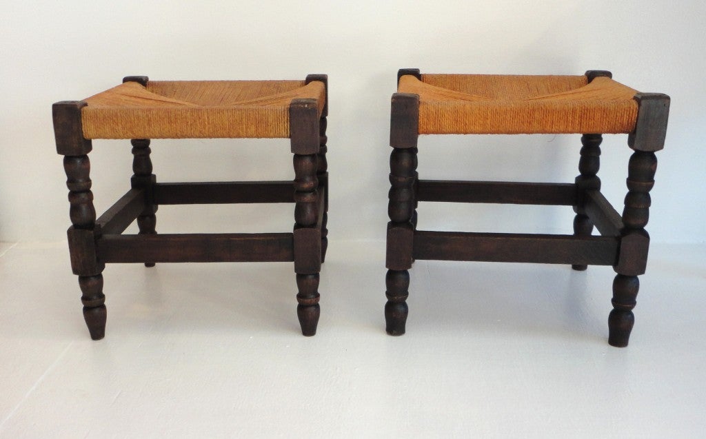 Pair of Matching Handmade Pine  Stools With Woven Rope Seats