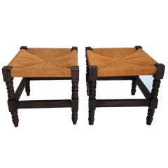 Antique Pair of Matching Handmade Pine  Stools With Woven Rope Seats