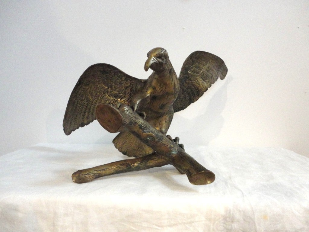 Large Early 20th Century Brass Eagle on Branch Standing Sculpture In Excellent Condition For Sale In Los Angeles, CA