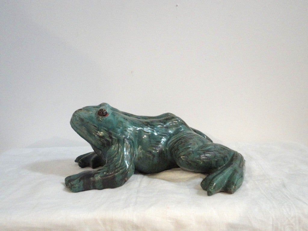 Fantastic handmade  folk art pottery  frog garden water sprinkler.This extra large arts & crafts period frog has a amazing thick green glaze and in wonderful condition.