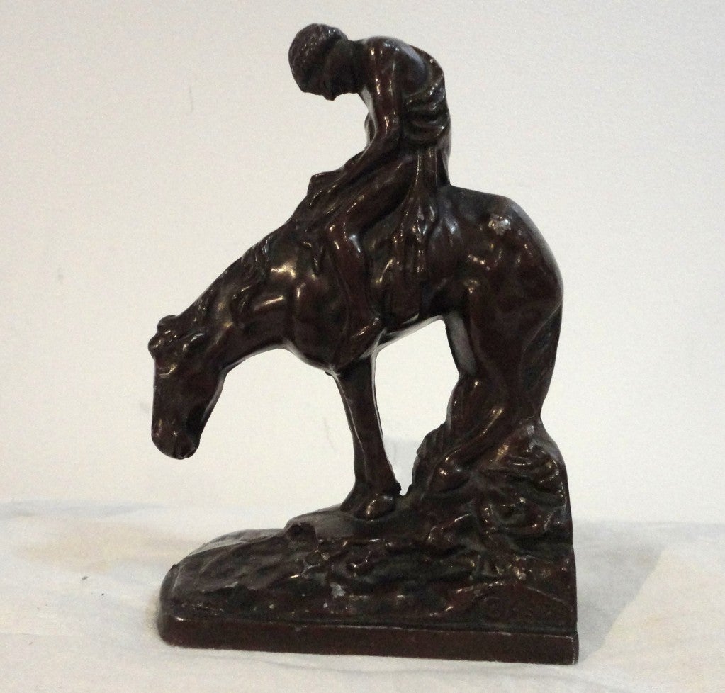 Fantastic pair of end of the run Indians on horseback bookends. This pair of bookends are dated 1928 and signed by CH INC.NYC. They have such a wonderful old surface and in great condition.