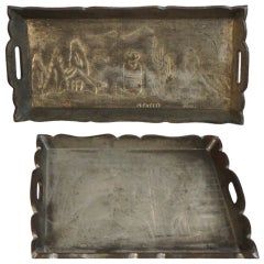 Vintage Pair of Tin Hand Made  Mexican Folk Art Trays/ Signed Mexico