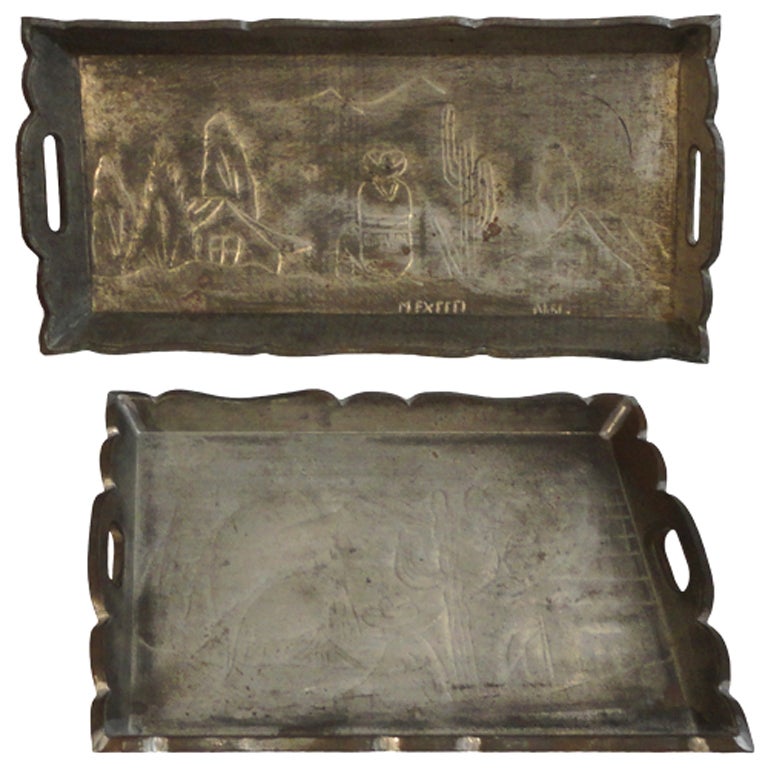 Pair of Tin Hand Made  Mexican Folk Art Trays/ Signed Mexico