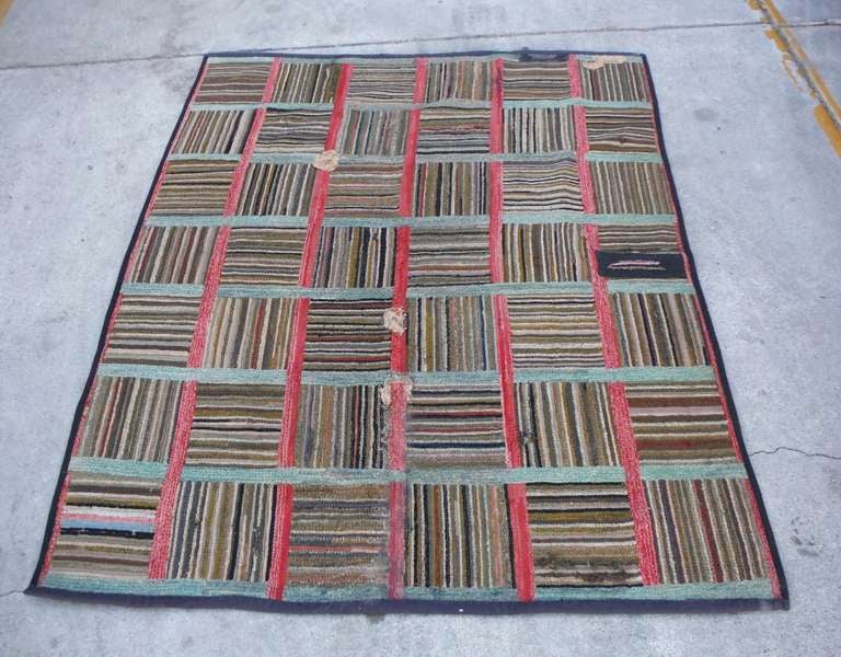 Early 19th Century Hand Hooked Log Cabin Area Rug 1
