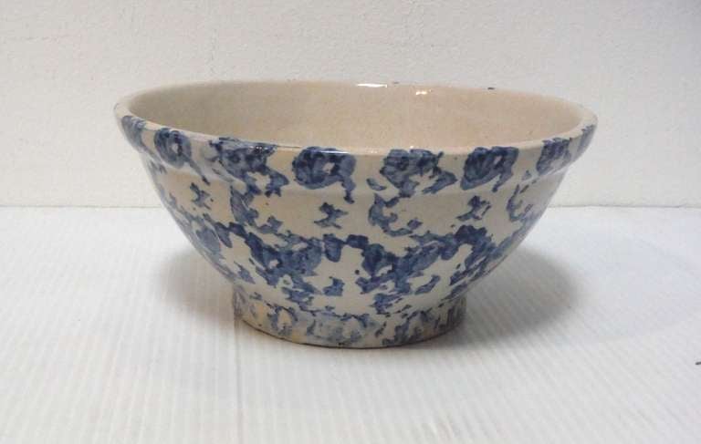 19th century salt glaze sponge ware mixing or serving bowl in pottery and in mint condition. Great size for shelf or table. This was found in Maine.